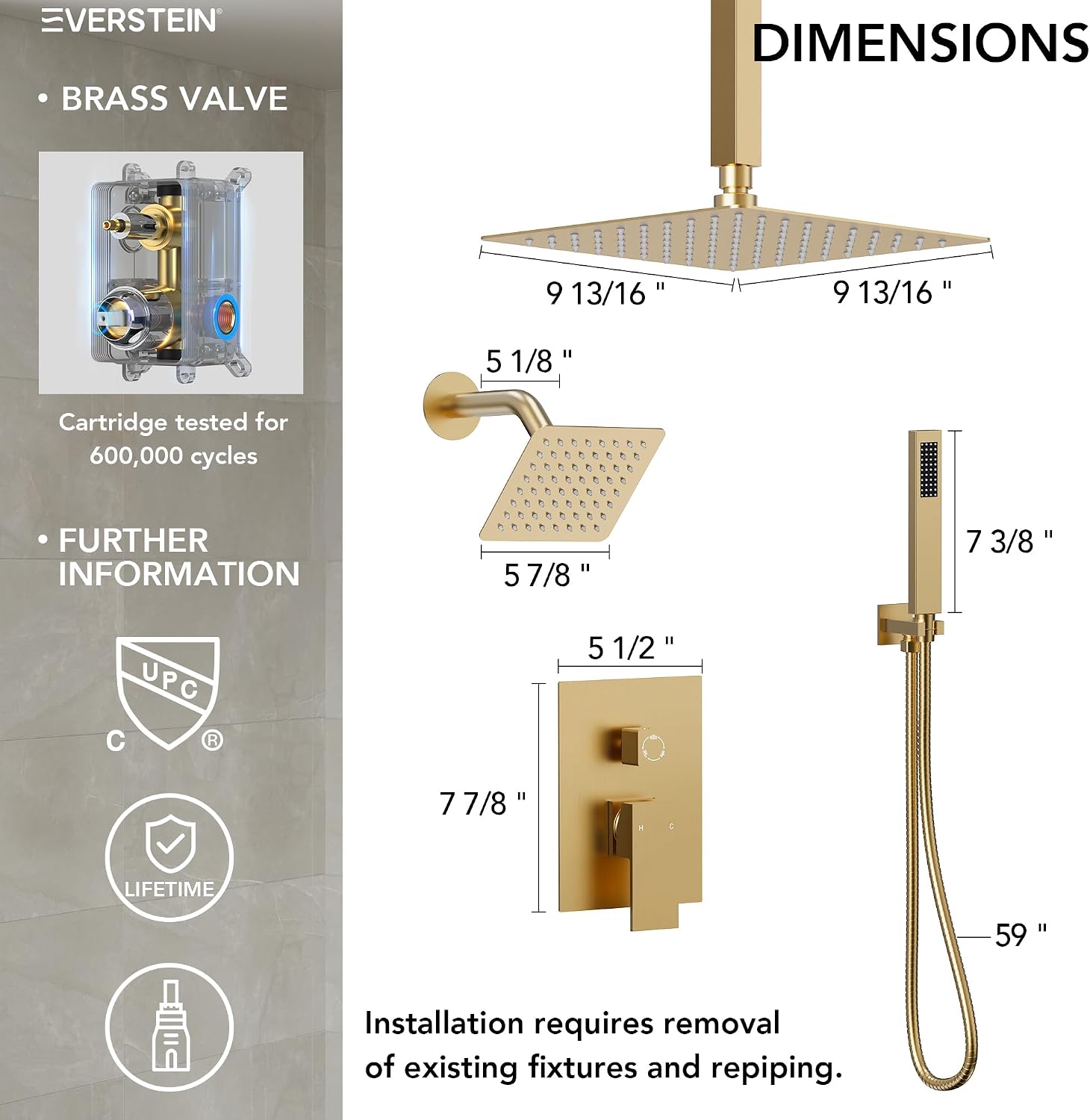 10' High-Pressure Rainfall Shower Faucet, Celling Mount Dual Shower Head System, Brushed Gold