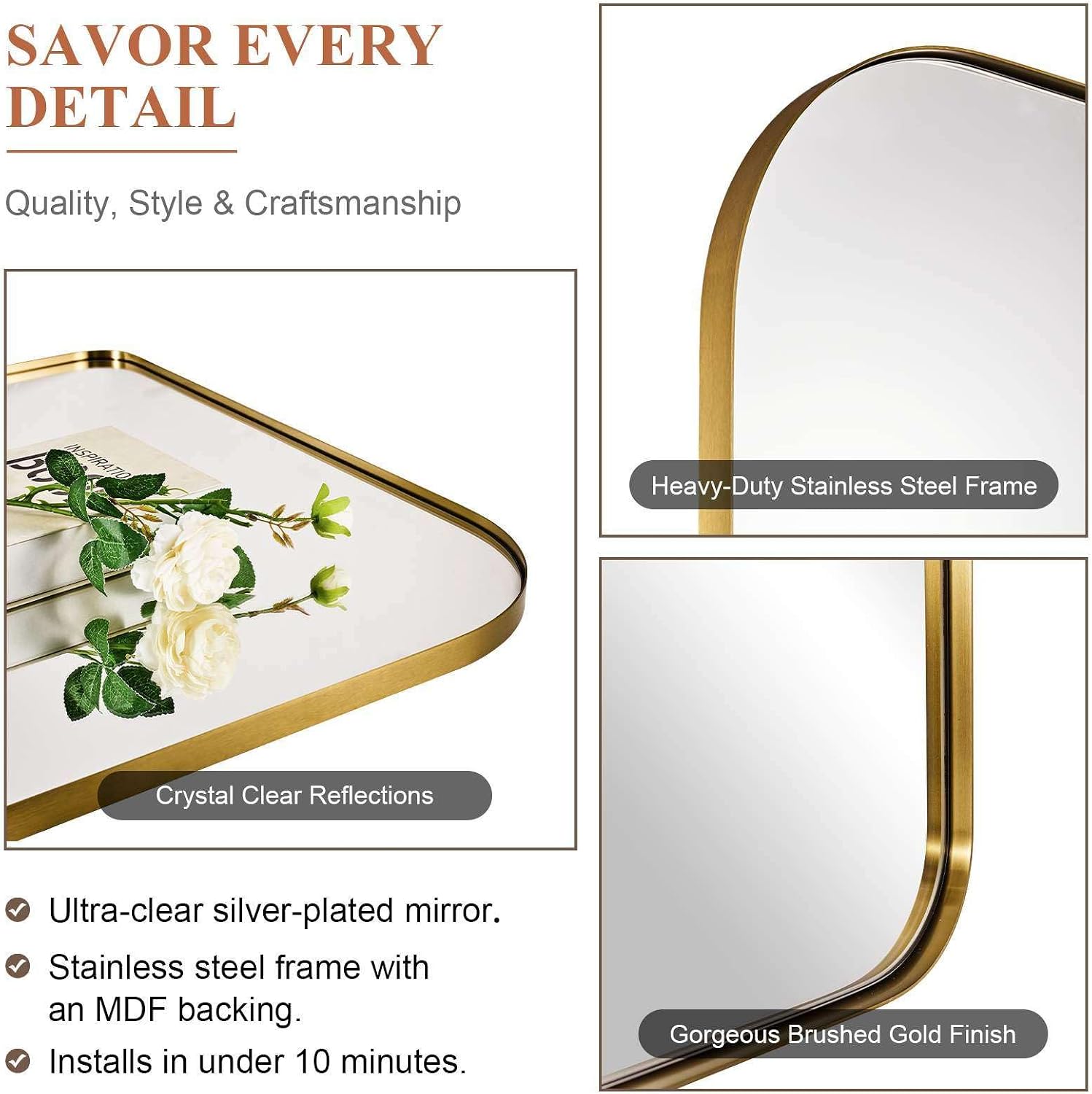 ANDY STAR 36x30 Brushed Gold Brass Bathroom Vanity Mirror, Asymmetrical Soft Arch Rectangle Wall Mirror, Rust-Resistant Stainless Steel Frame, Sleek 1-Inch Depth, for Fireplace Mantel, Living Room