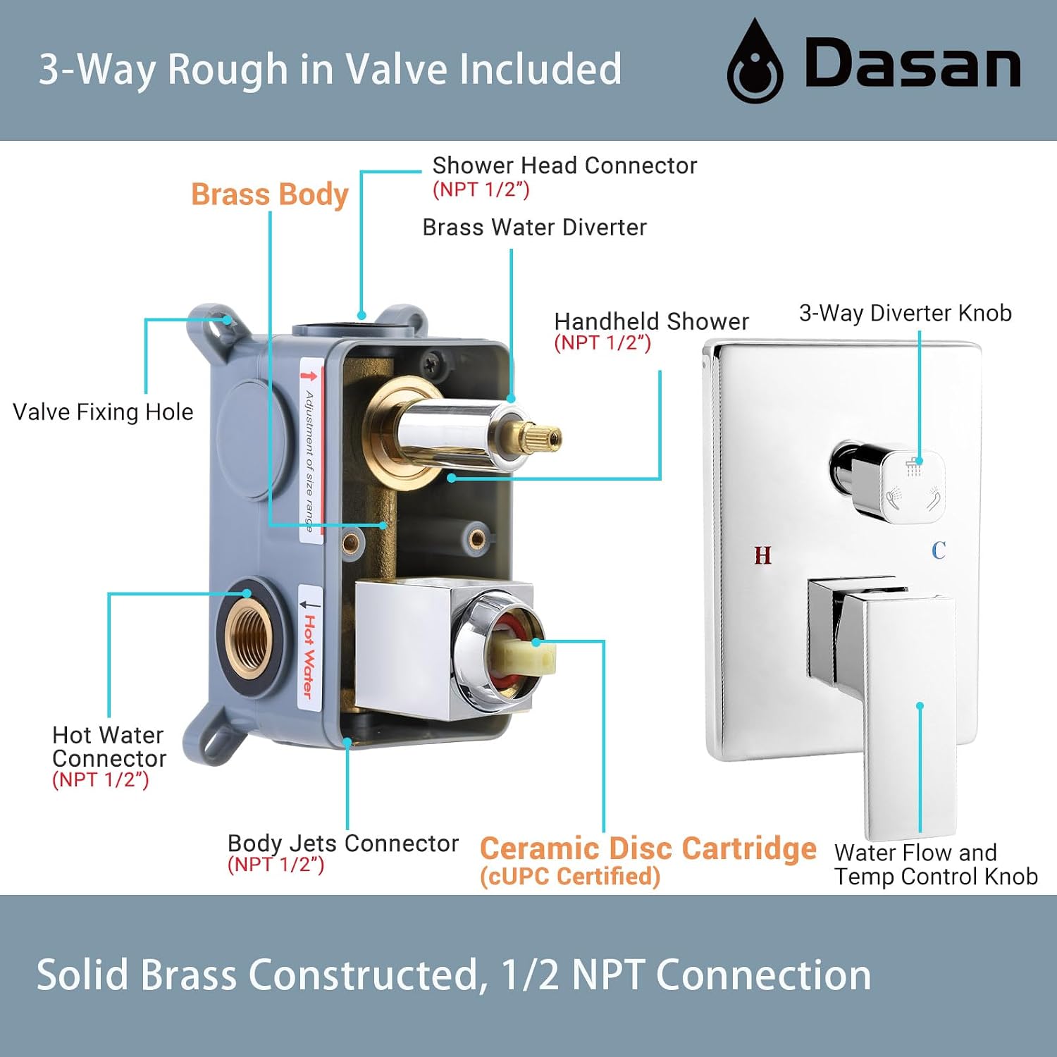 Polished Chrome Shower System with 4 PCS Shower Body Spray Jets & 12'' Ceiling Shower Head & Handheld Spray, DASAN Full Body Shower Faucet System with Jets Rainfall Shower Combo Set, SA-SS03BCH-S12C