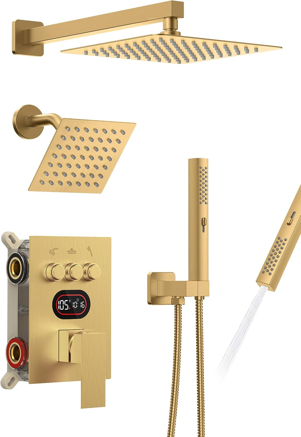 Push Button Diverter Shower Faucet Set Hydro Power Temperature Display, Shower System Wall Mounted 10' & 6' Shower Head with 3-Spary Handheld, Shower Fixtures with Valve and Trim Kit, Brushed Gold