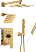 Push Button Diverter Shower Faucet Set Hydro Power Temperature Display, Shower System Wall Mounted 10' & 6' Shower Head with 3-Spary Handheld, Shower Fixtures with Valve and Trim Kit, Brushed Gold
