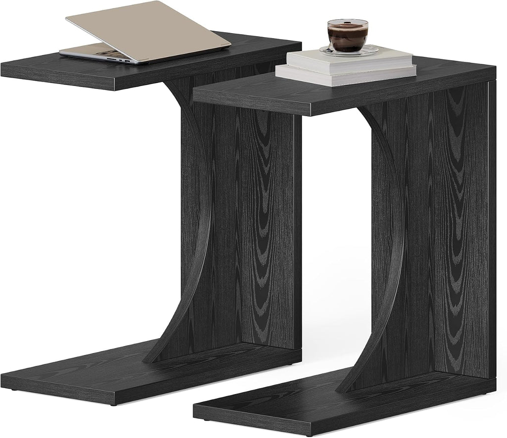 LITTLE TREE C-Shape End Table for Sofa & Bedroom - Small Side Table for Living Room, Over Couch Tray Stand for Laptop, Snacks, Books, Black, 2 Pack