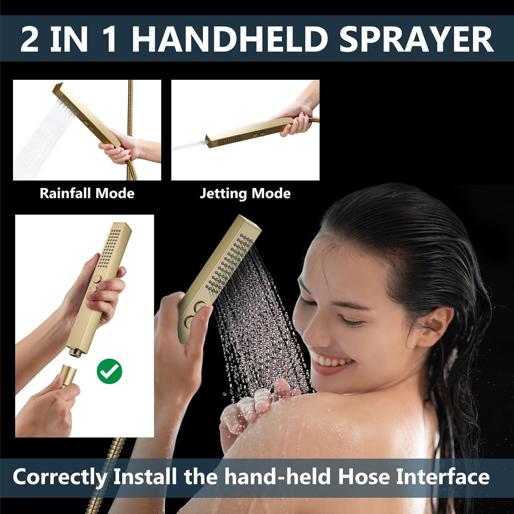 Aolemi Shower Faucet Set Ceiling Mount Shower System Rough-in Valve and Shower Trim Kit 2 in 1 Handheld Spray Push Button Diverter 16 and 6 Inch Dual Shower Head Brushed Gold