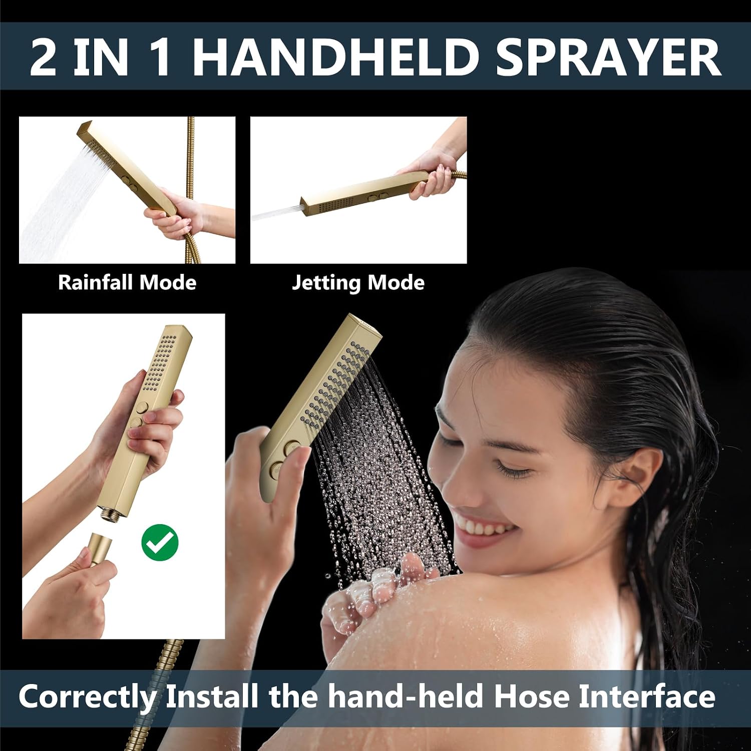 Aolemi Shower Faucet Set Ceiling Mount Shower System Rough-in Valve and Shower Trim Kit 2 in 1 Handheld Spray Push Button Diverter 16 and 6 Inch Dual Shower Head Brushed Gold