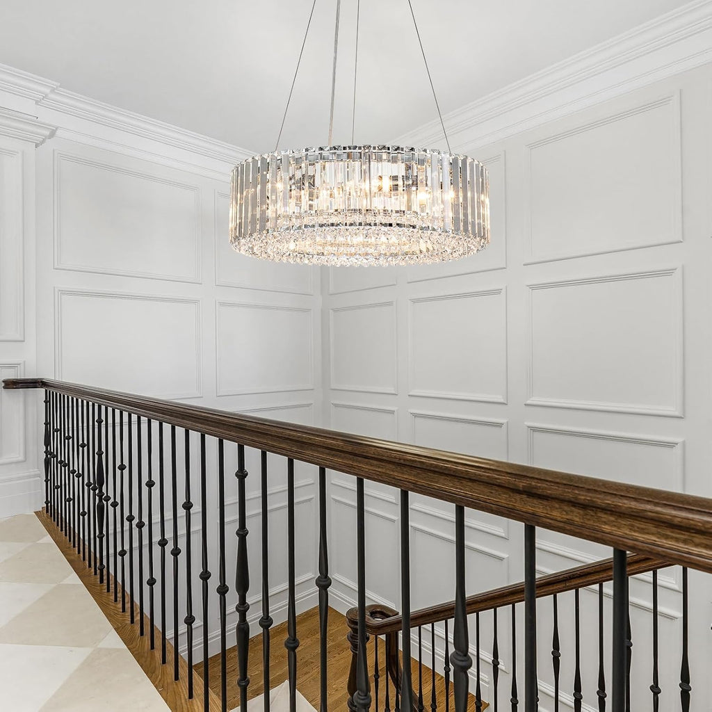 Lingkai Modern Round Crystal Chandelier, 19.7 in 6-Light Luxury Crystal Pendant Light Fixture E12 Bulb Semi Flush Ceiling 60W Adujustable Hanging Core Light Chrome