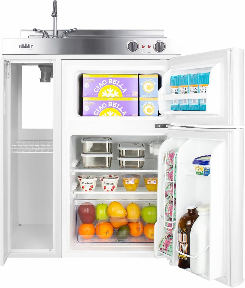 Summit 30' Wide All-In-One Kitchenette, 2-Door Refrigerator-Freezer, 2-Burner Cooktop, Sink, and Storage, White- C30EL