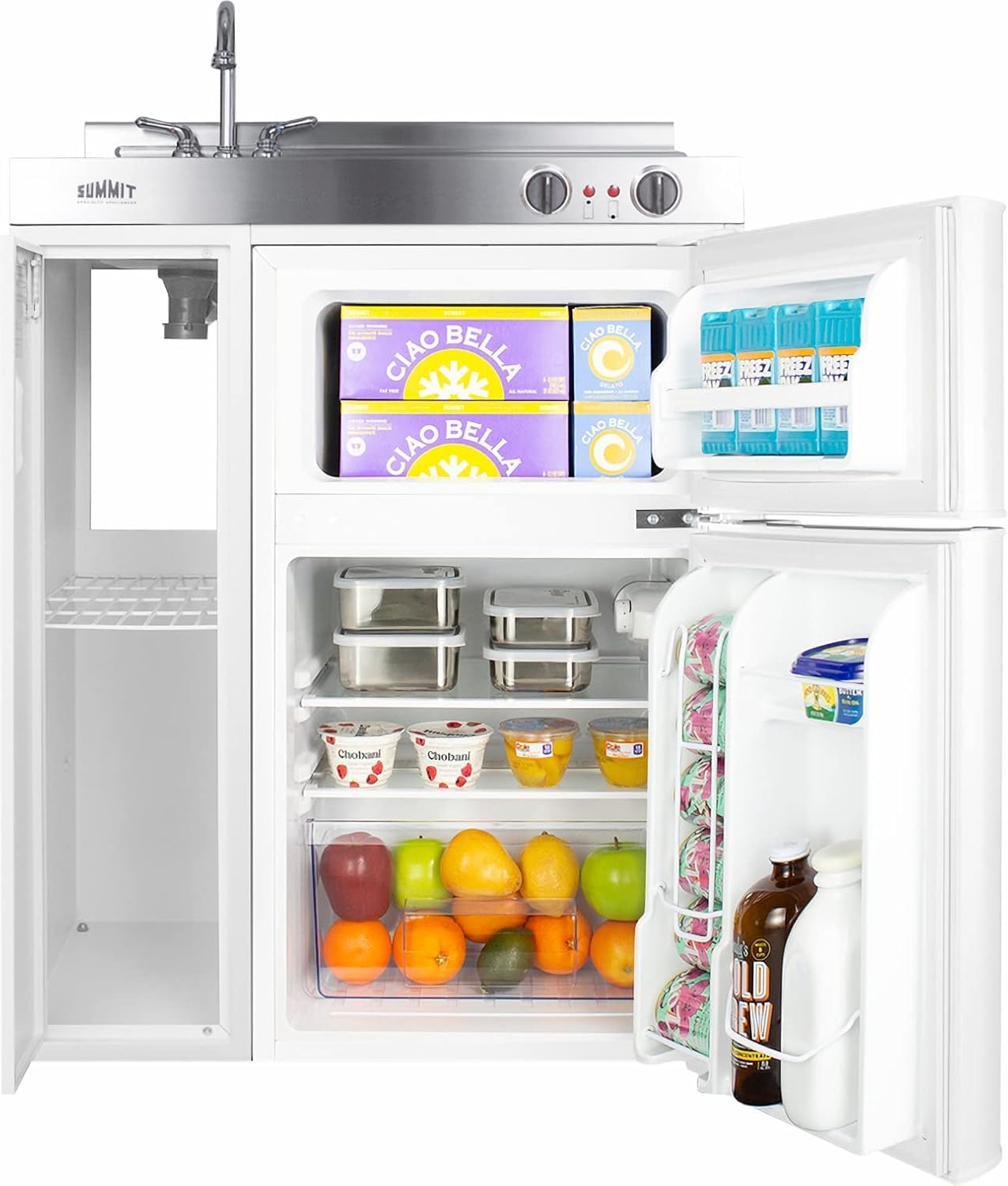 Summit 30' Wide All-In-One Kitchenette, 2-Door Refrigerator-Freezer, 2-Burner Cooktop, Sink, and Storage, White- C30EL