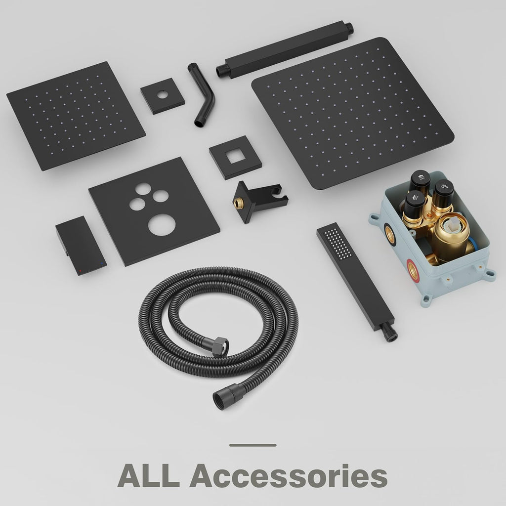 Black Shower System, Shower Faucet Set with 3 In 1 Push Button Valve, Shower Faucet included 10' Ceiling Shower Head and 8' Wall-Mount Shower Head with Handheld Spray, Matte Black