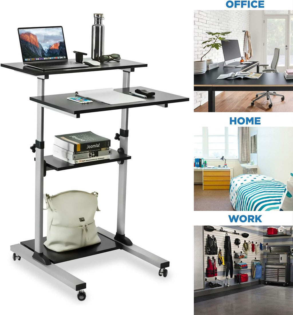 Mount-It! Rolling Standing Desk Adjustable Height up to 54.7', Portable Laptop Podium Desk on Wheels, Mobile Presentation Cart with Shelves, Adjustable Computer Workstation Home Office, Classroom