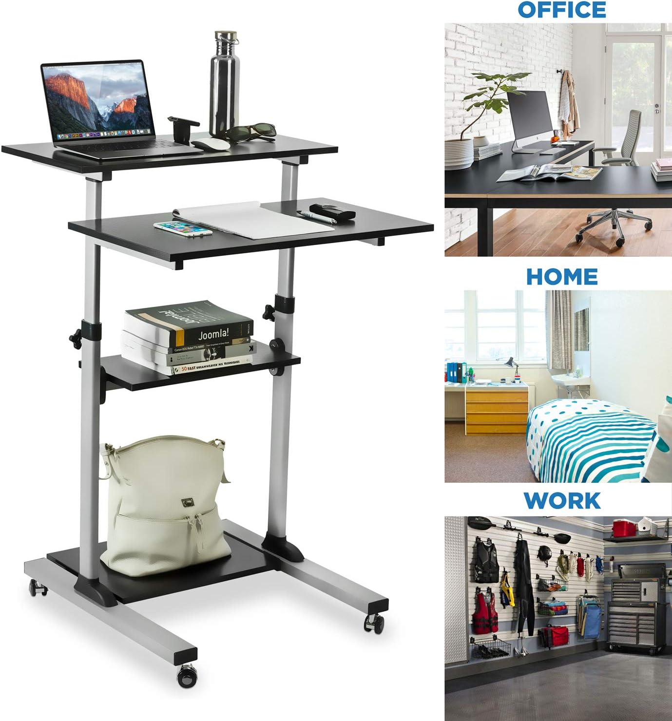 Mount-It! Rolling Standing Desk Adjustable Height up to 54.7', Portable Laptop Podium Desk on Wheels, Mobile Presentation Cart with Shelves, Adjustable Computer Workstation Home Office, Classroom