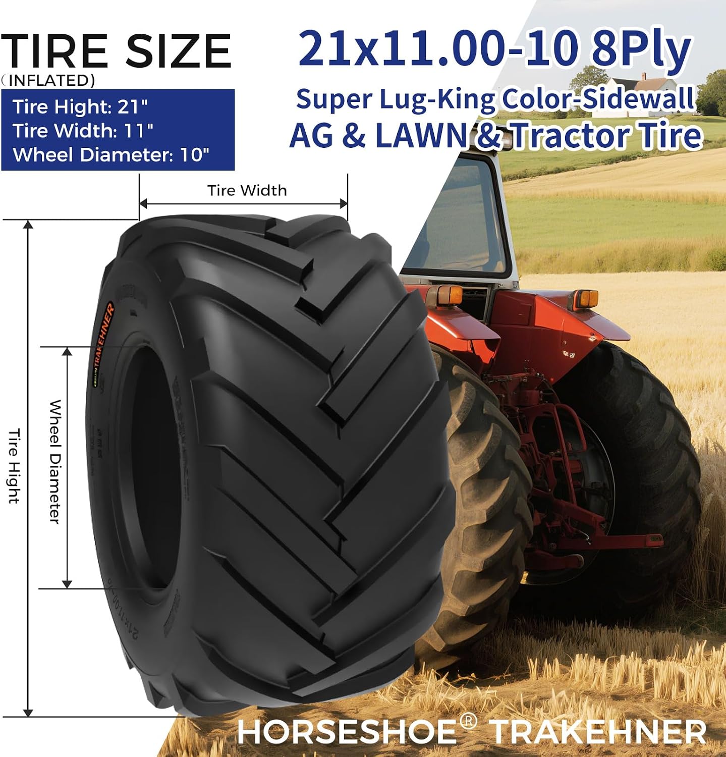 HORSESHOE TRAKEHNER 2 New 21x11.00-10 / 21x11-10 8PR Super Lug-King Ditch Witch Trencher 22x11-10 AG Farm Lawn Tractor Tires LRD Heavy Duty Color-Sidewall (21x11.00-10 8Ply)