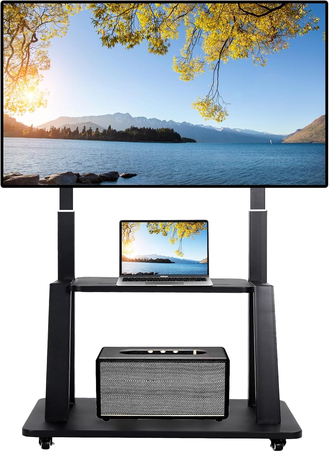 Mobile TV Stand on Wheels for 42-86 Inch Flat/Curved LED/LCD/OLED Rolling TV Cart Height Adjustable Heavy Duty Floor Portable TV Stand with Wheels with Laptop DVD Shelf Holds up to 220lbs
