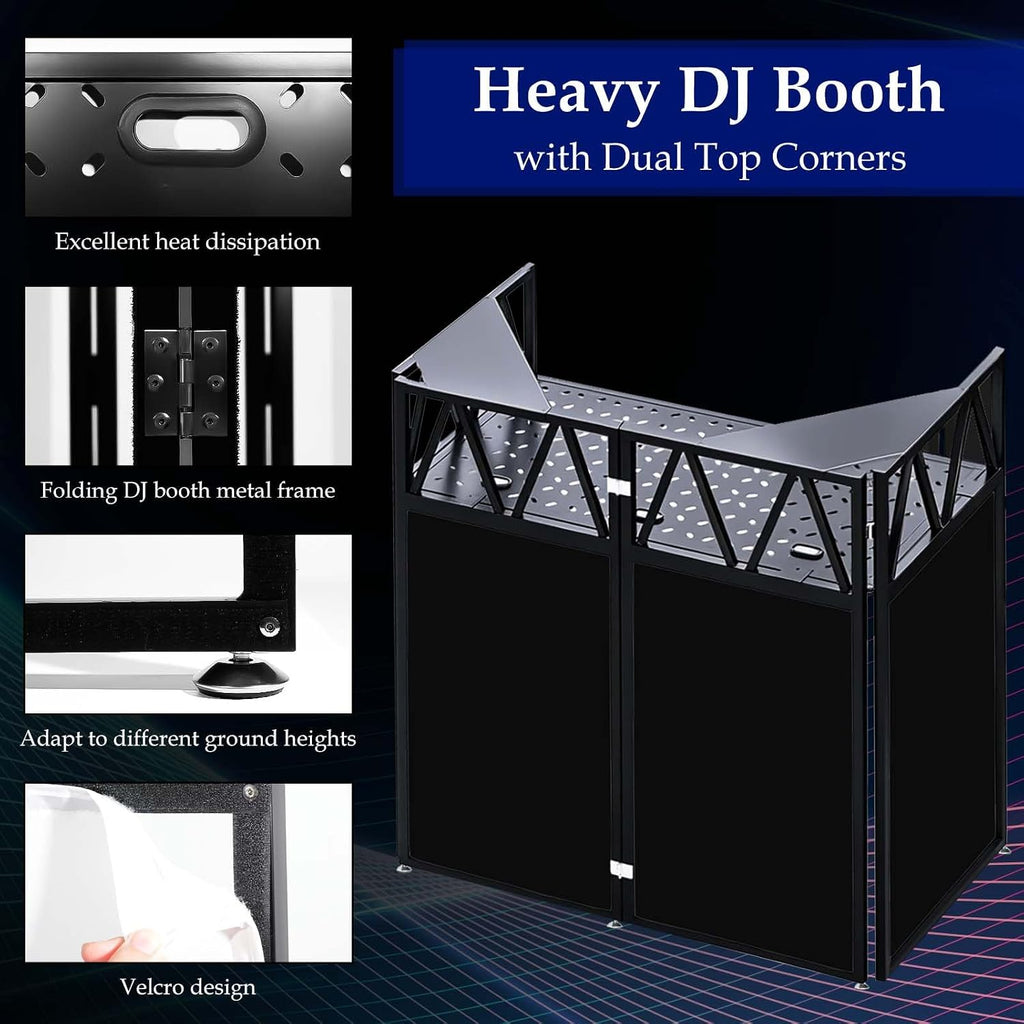 Portable DJ Booth Facade Stand, Foldable DJ Table 40' x 20' x 45' Tabletop, DJ Facade Station for DJ Controller, Mixer & LaptopEvents&Parties – Includes Carry Bag&Two Metal Corner Tables.