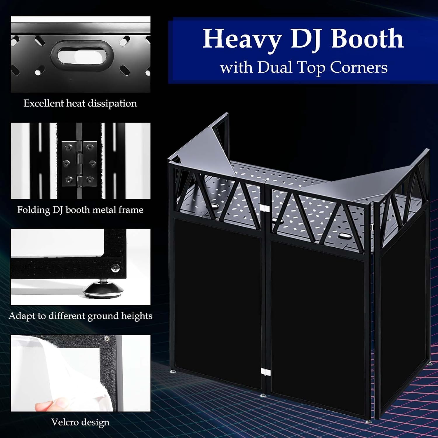 Portable DJ Booth Facade Stand, Foldable DJ Table 40' x 20' x 45' Tabletop, DJ Facade Station for DJ Controller, Mixer & LaptopEvents&Parties – Includes Carry Bag&Two Metal Corner Tables.