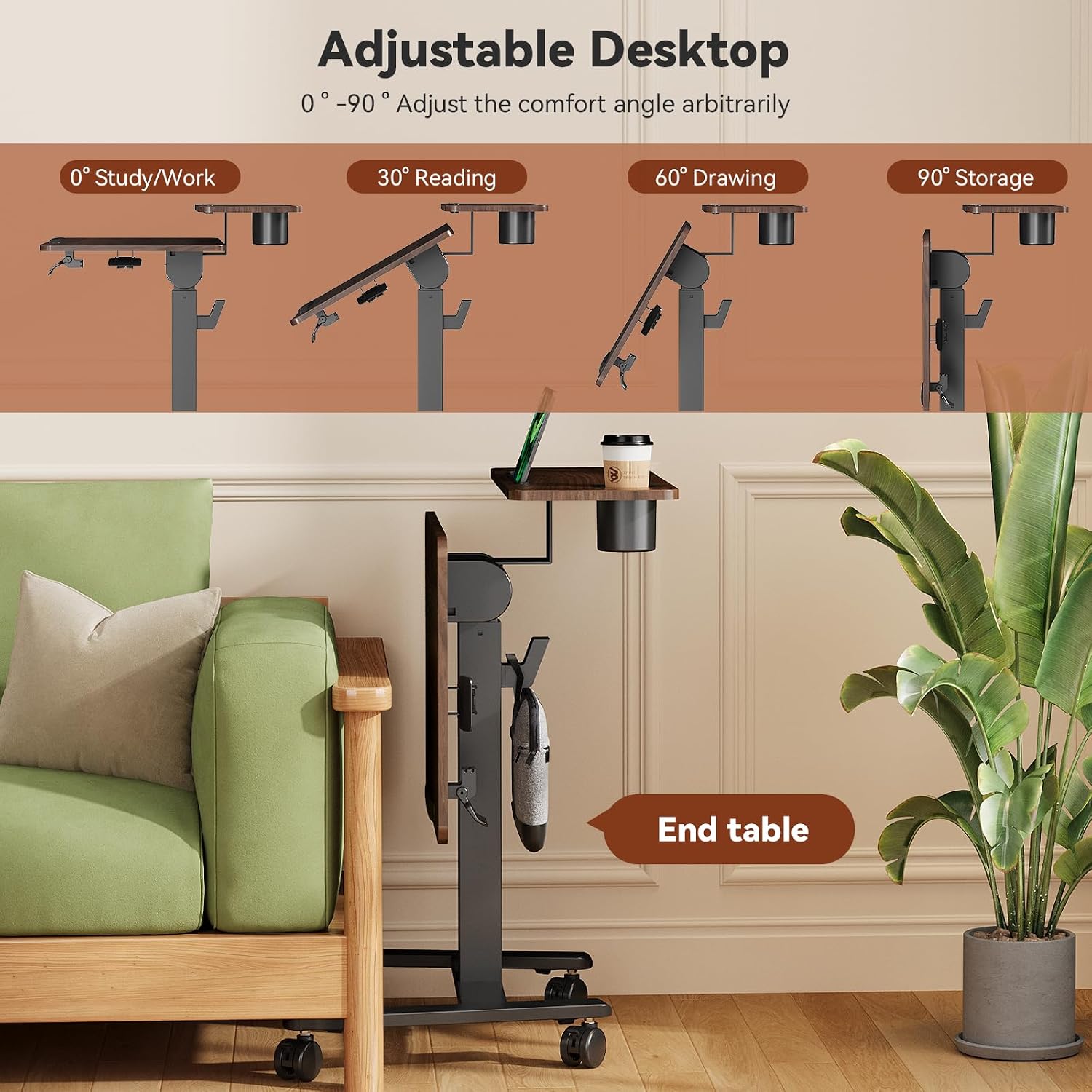 28 inch Mobile Standing Desk On Wheels， Small Computer Workstation Adjustable Height，Rolling Laptop Stand with Tiltable Desktop， 2-Tier Portable Study Table with Storage Shelf， Walnut