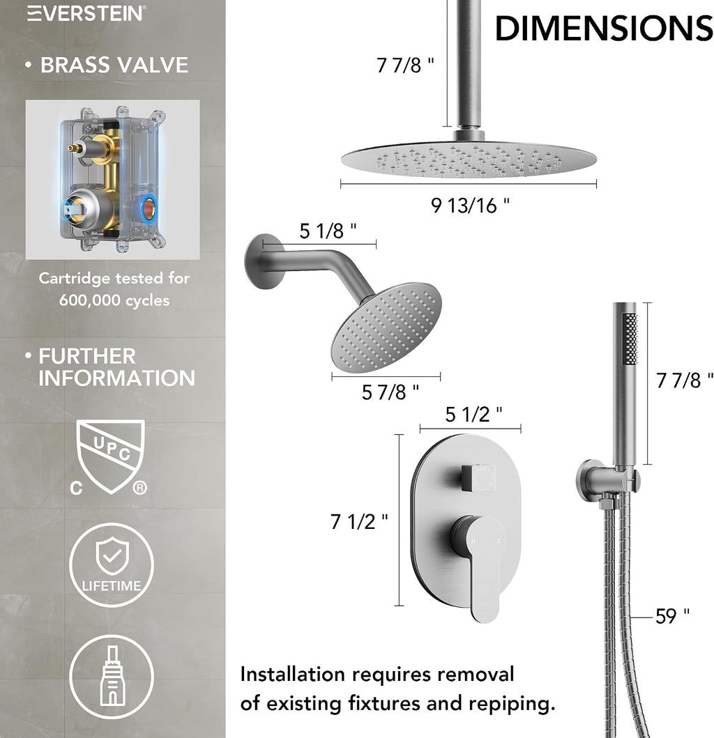 Ceiling Mount 10' High-Pressure Rainfall Shower Faucet, Dual Rainfall Shower Head System with Valve (Brushed Nickel)