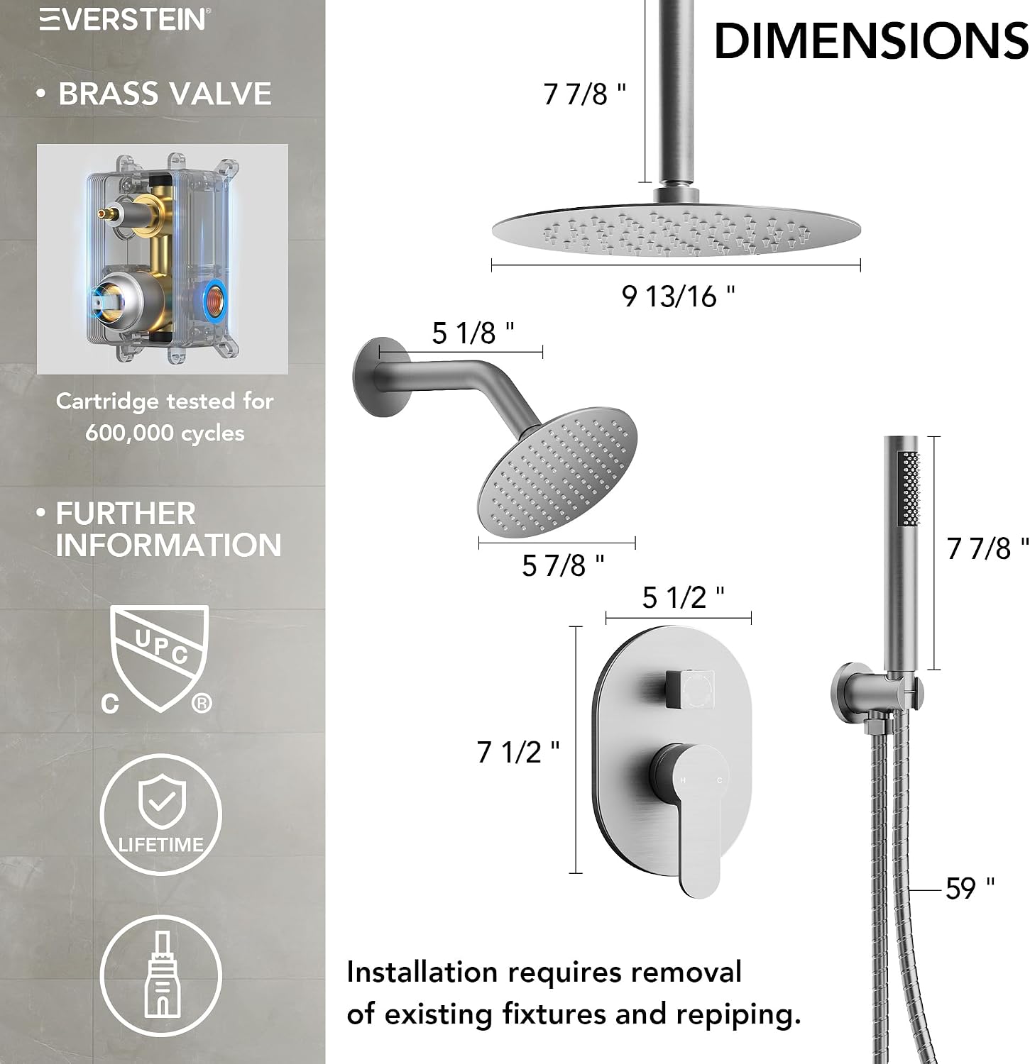 Ceiling Mount 10' High-Pressure Rainfall Shower Faucet, Dual Rainfall Shower Head System with Valve (Brushed Nickel)