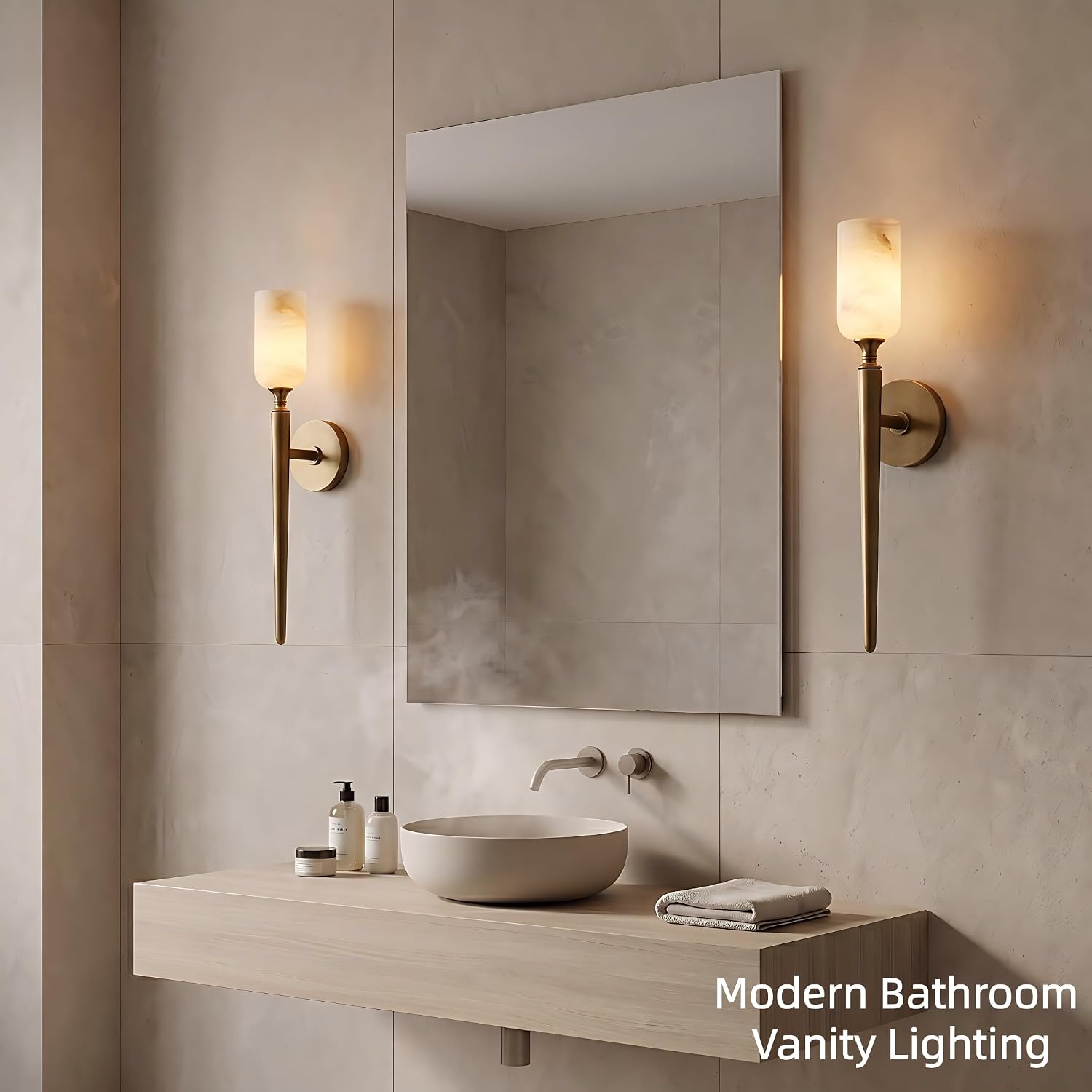 Alabaster Wall Sconces Set of Two, 22in Modern Spanish Natural Marble Bathroom Vanity Sconces, Brass Alabaster Sconce Wall Lighting, Gold Wall Light Fixtures Decor for Bedroom Living Room Staircases