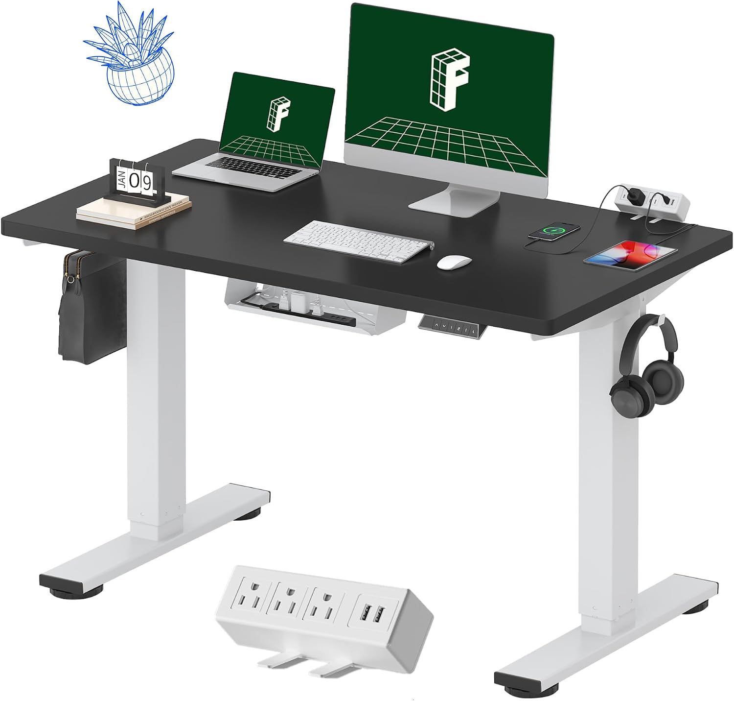FLEXISPOT EN2 Whole-Piece Standing Desk with Clamp Power Strip, 48 x 24 Electric Stand Up Height Adjustable Desk with Cable Management (White Frame + 48' Black Top, 2 Packages)