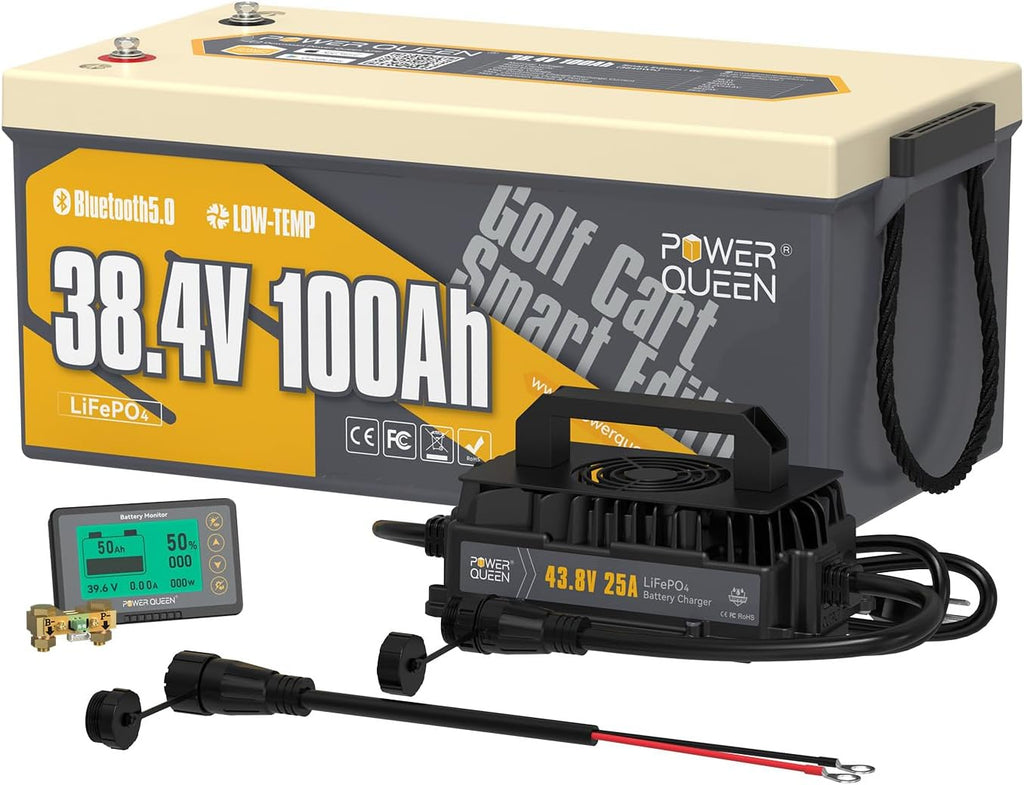 Power Queen 36V 100Ah Lithium Golf Cart Battery Kit with 25A Waterproof Charger,LCD 500A Monitor, Bluetooth & Low Temp Protection, 15000+ Cycles for 36V-72V Electric Outboard Motor, Marine, Golf Cart