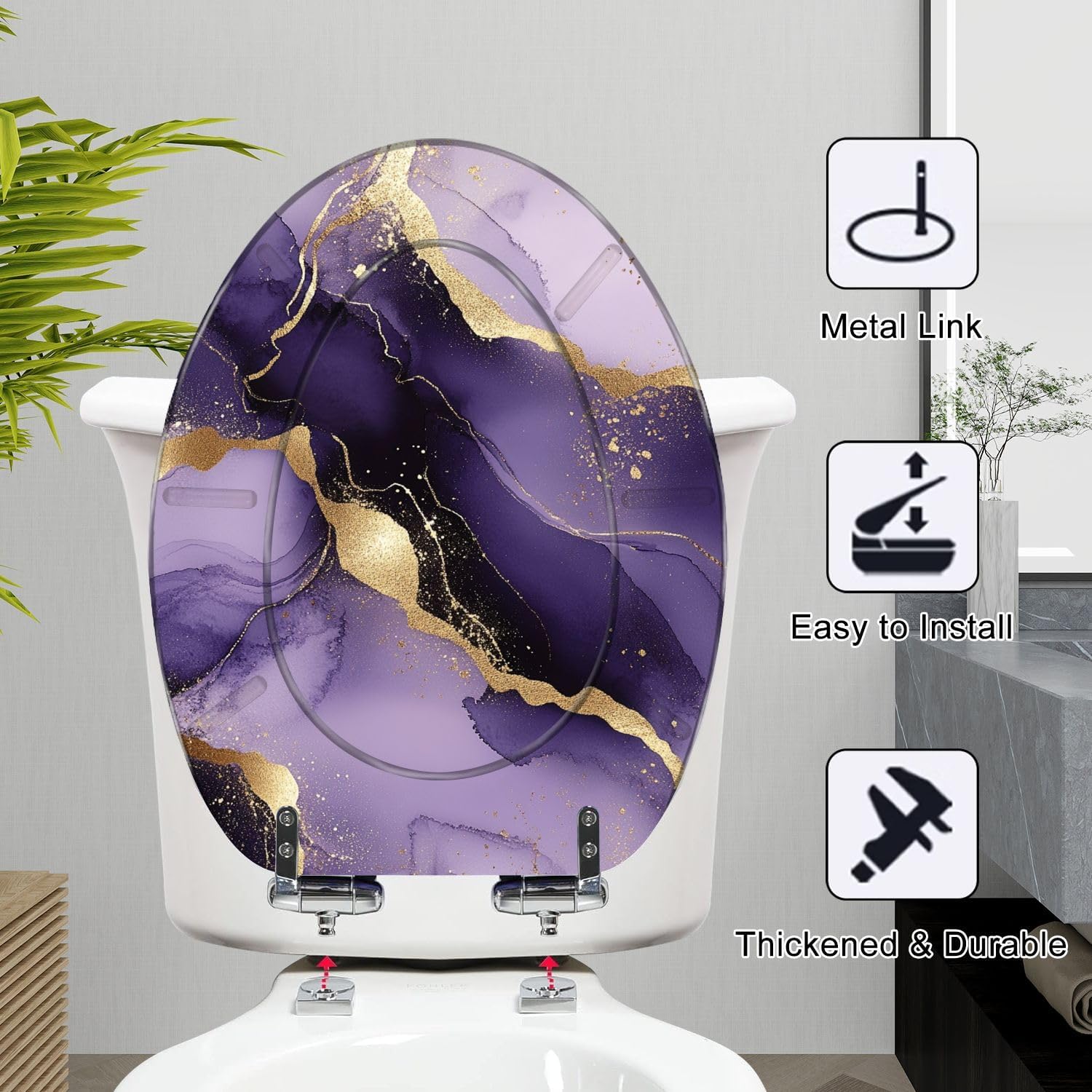 Elongated Toilet Seat Purple marble gold stripes alcohol ink Luxury violet black watercolor Resin Toilet Seat Slow Quiet Close Lid with Quick-Release Hinges Cover Bumpers Easy to Clean Install