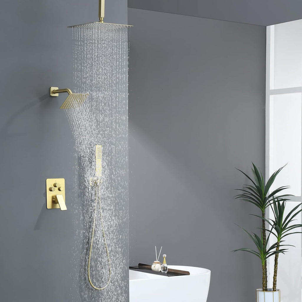 Shower Faucet Set, Brushed Gold Shower System with Rain Shower and Handheld Bathroom Ceiling 12 Inch Shower Set with Valve