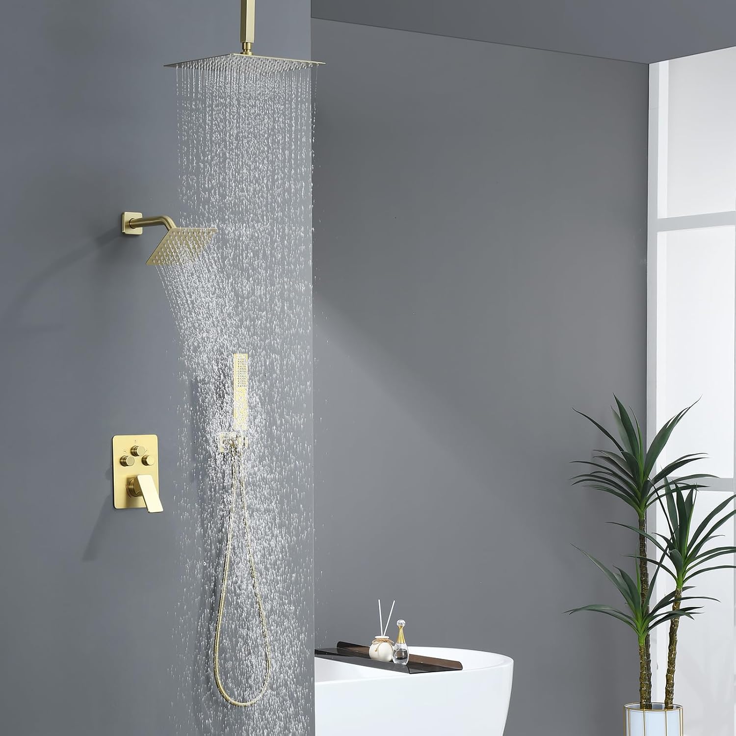 Shower Faucet Set, Brushed Gold Shower System with Rain Shower and Handheld Bathroom Ceiling 12 Inch Shower Set with Valve