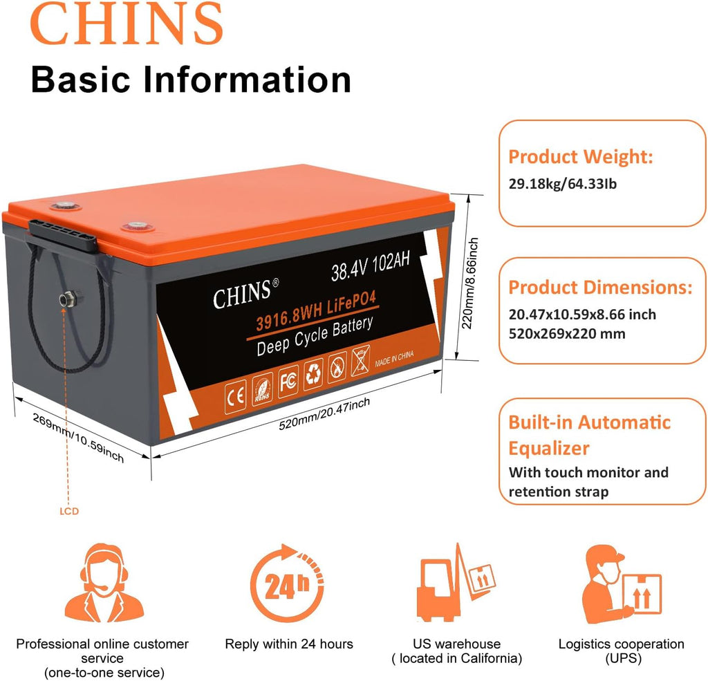 CHINS 36V 102Ah Lithium Golf Cart Battery, Built-in Smart 200A BMS, 36V Lithium Battery 4000+ Cycles Rechargeable, 36V LiFePO4 Battery Perfect for Golf Cart