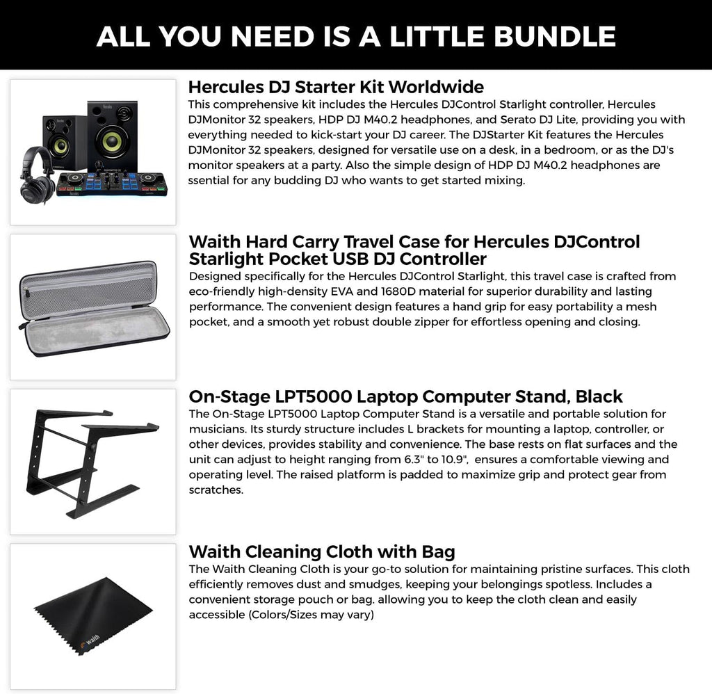 Hercules DJ Starter Kit - Starlight USB DJ Controller with On-Stage Laptop Stand, Waith Hard Carry Travel Case and Waith Cleaning Cloth - Serato DJ Lite Software Include (Bundle Set)