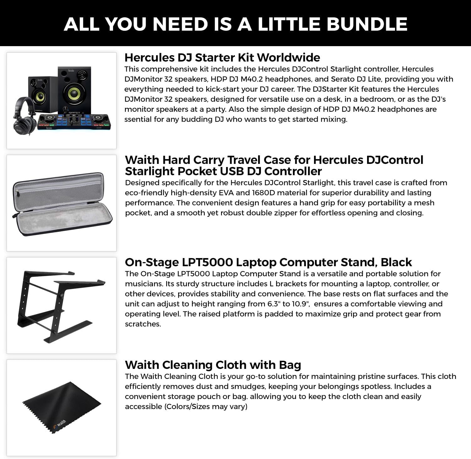Hercules DJ Starter Kit - Starlight USB DJ Controller with On-Stage Laptop Stand, Waith Hard Carry Travel Case and Waith Cleaning Cloth - Serato DJ Lite Software Include (Bundle Set)