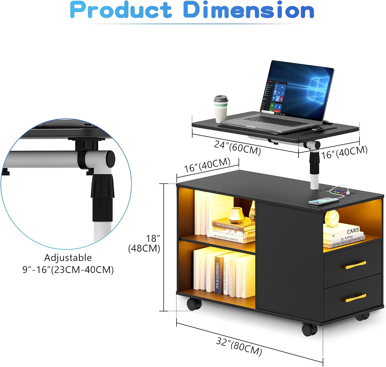 Smart Night Stand with 360° Laptop Tray, RGB Nightstand with Charging Station,Modern Bedside Table with 24-Color Human Sensor Lights,Large End Table w/ 2 Drawers,3 Shelves,5 Wheels,Black