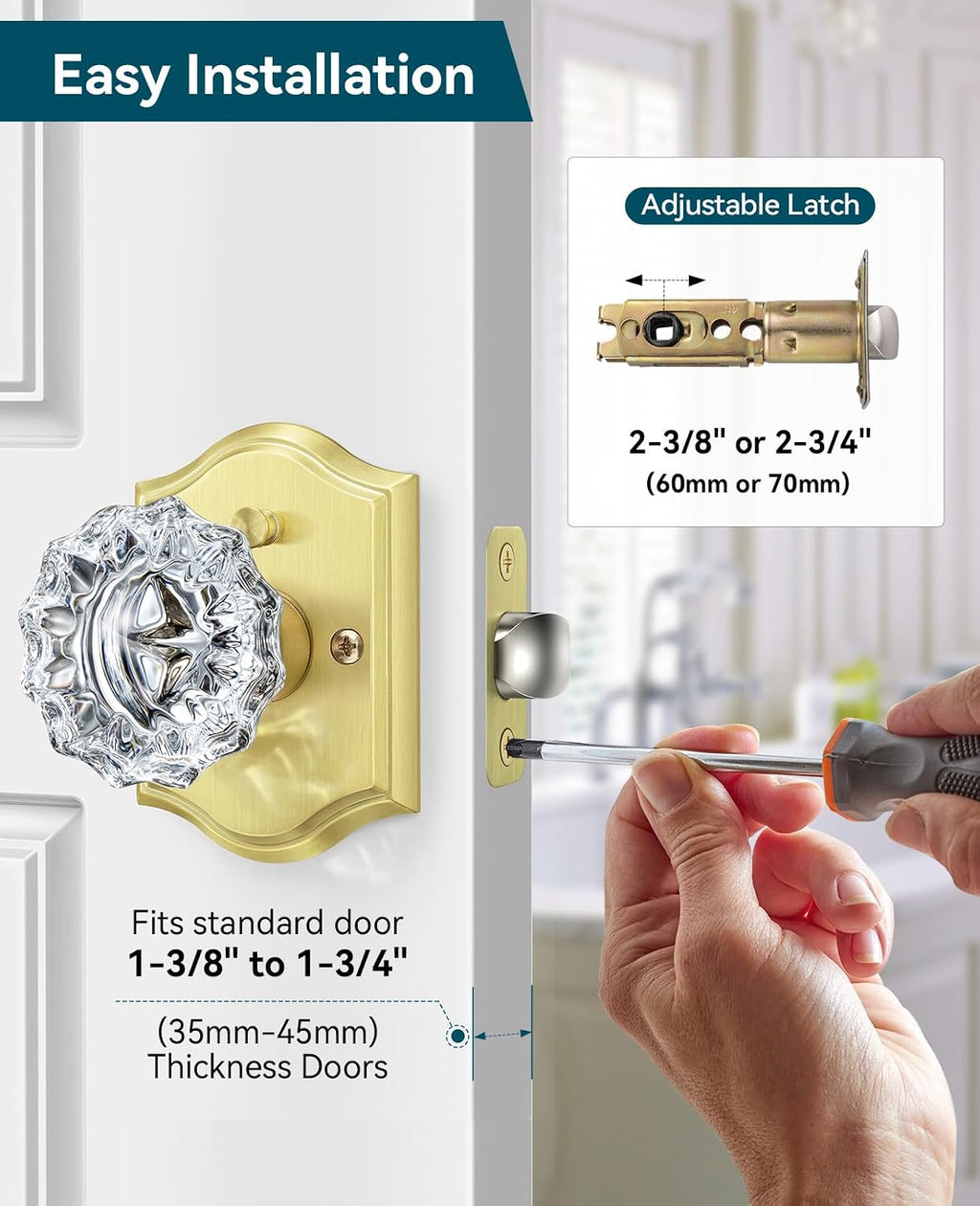6 Pack Glass Door Knobs Interior with Lock, Gold Crystal Door Knobs Interior for Privacy Use, Glass Door Knobs for Bedroom Bathroom, Vintage Crystal Door Knob Set