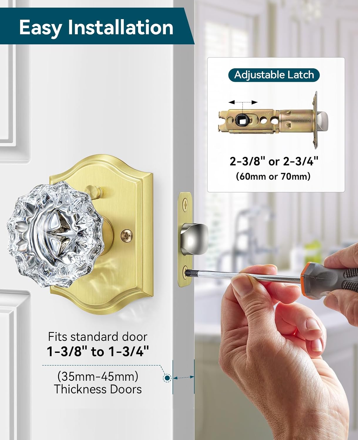 6 Pack Glass Door Knobs Interior with Lock, Gold Crystal Door Knobs Interior for Privacy Use, Glass Door Knobs for Bedroom Bathroom, Vintage Crystal Door Knob Set