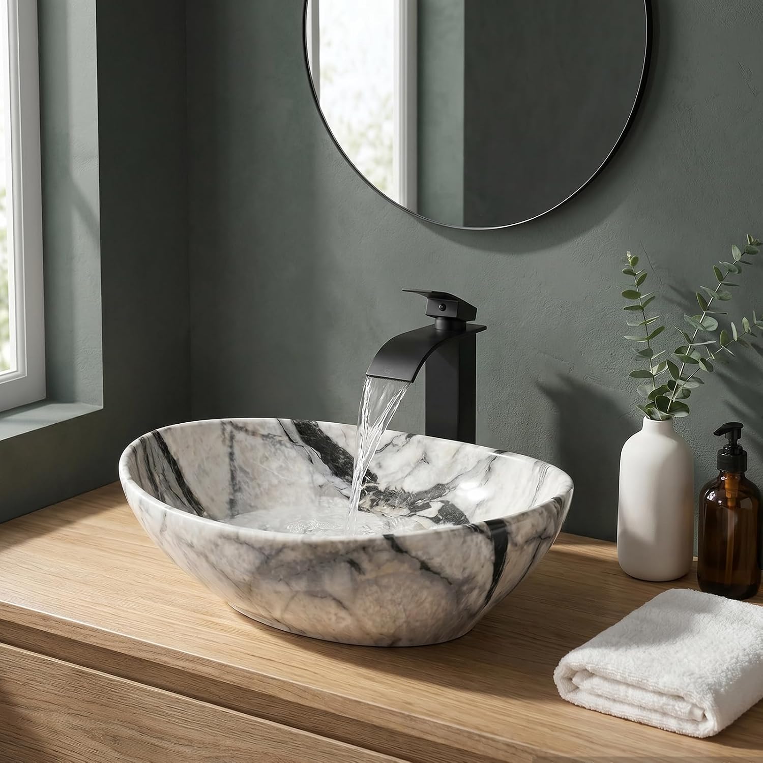 Oval Vessel Sink 16'x13' White Ceramic Bathroom Sink with Waterfall Faucet and Pop-up Drain Bowl Sink White Black Marble Bathroom Sinks Above Counter