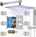 Enga Brushed Nickel Shower System with Body Spray Jets, Wall Mount 12 Inch LED Rain Shower Head Push Button Diverter Shower Fixtures, All Functions Can Run At Once
