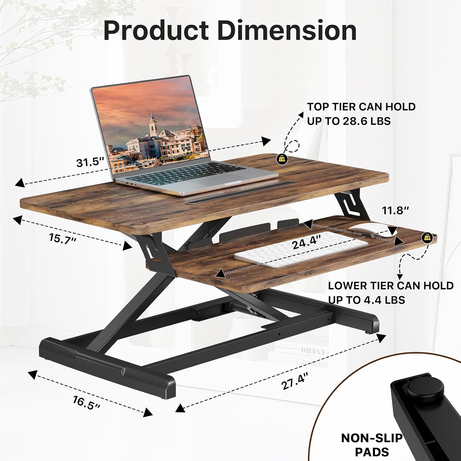 JOY worker Standing Desk Converter, 32' Wide Height Adjustable Sit Stand Up Desk Riser with Keyboard Tray, Desktop Workstation Riser for Home Office Computer Laptop, Particle Board, Rustic