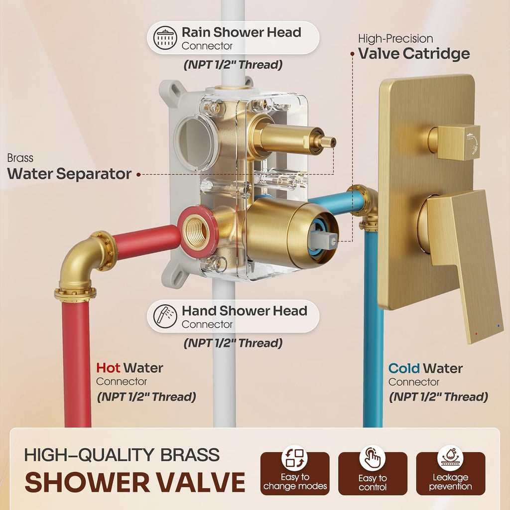 Ceiling Mount Shower System, Gold Shower Faucet Set with 12-Inch Rain Showerhead and Handheld Spray Combo, High-Pressure Showerheads Set with Valve and Trim Kit, Brushed Gold