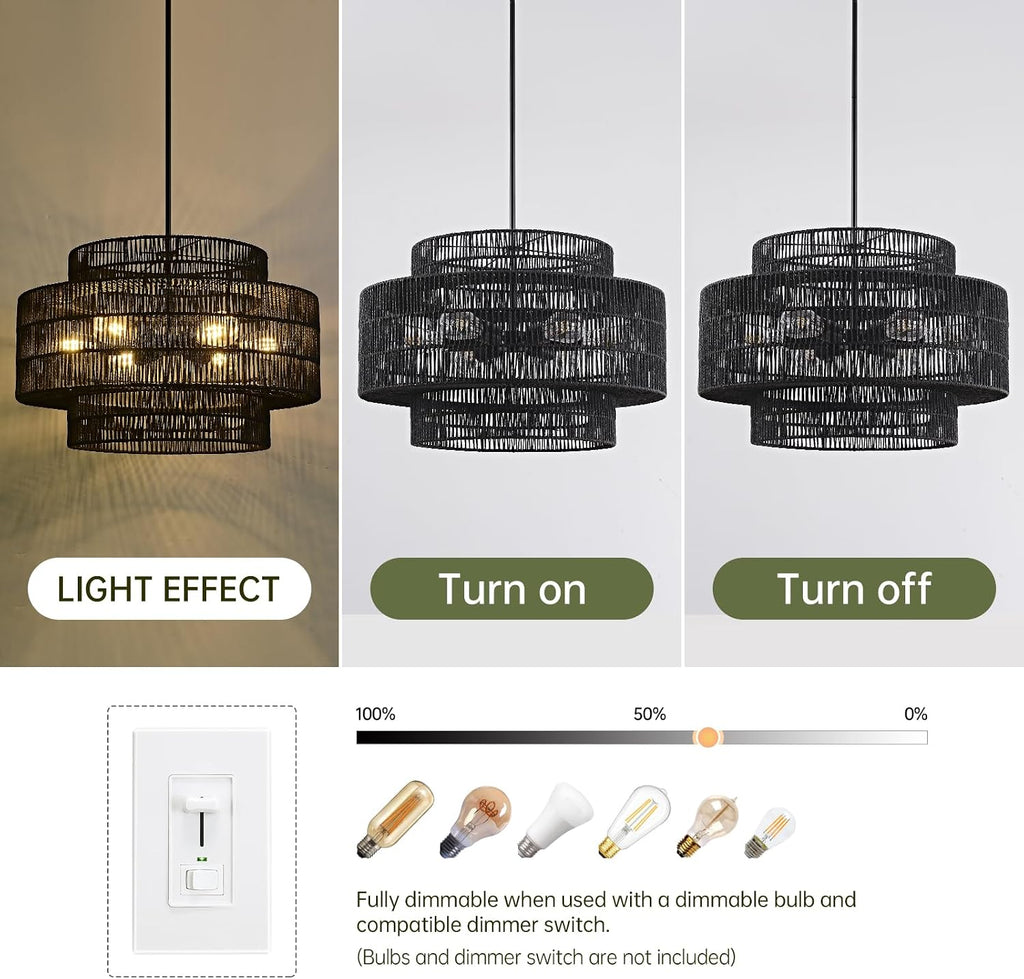 24' Black Boho Large Rattan Chandelier Light Fixture,6-Light Large Hand Woven Pendant Light Fixture Farmhouse Rustic Chandeliers for Kitchen Bedroom, Dining Room, Living Room, Hallway, Foyer