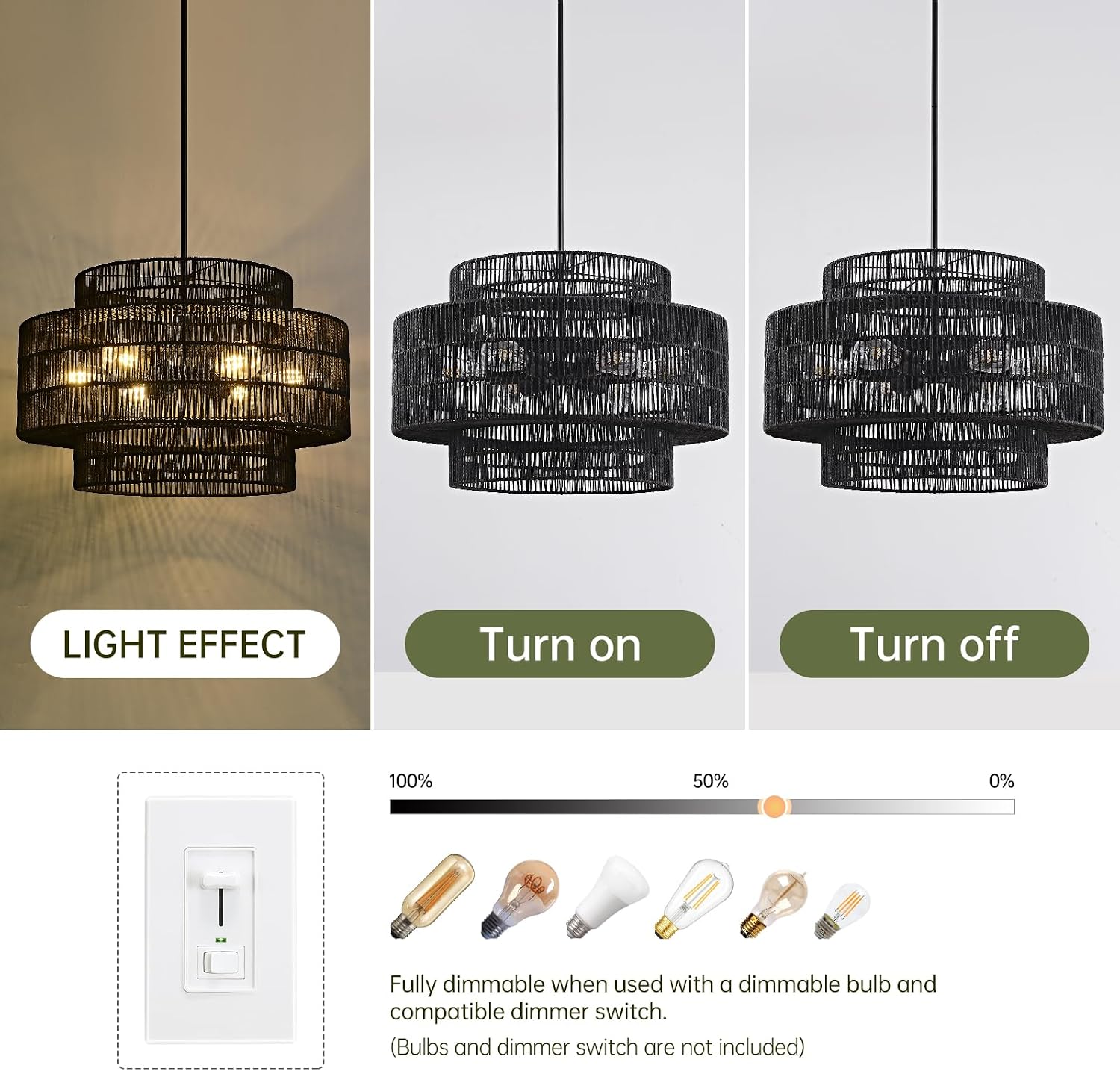 24' Black Boho Large Rattan Chandelier Light Fixture,6-Light Large Hand Woven Pendant Light Fixture Farmhouse Rustic Chandeliers for Kitchen Bedroom, Dining Room, Living Room, Hallway, Foyer