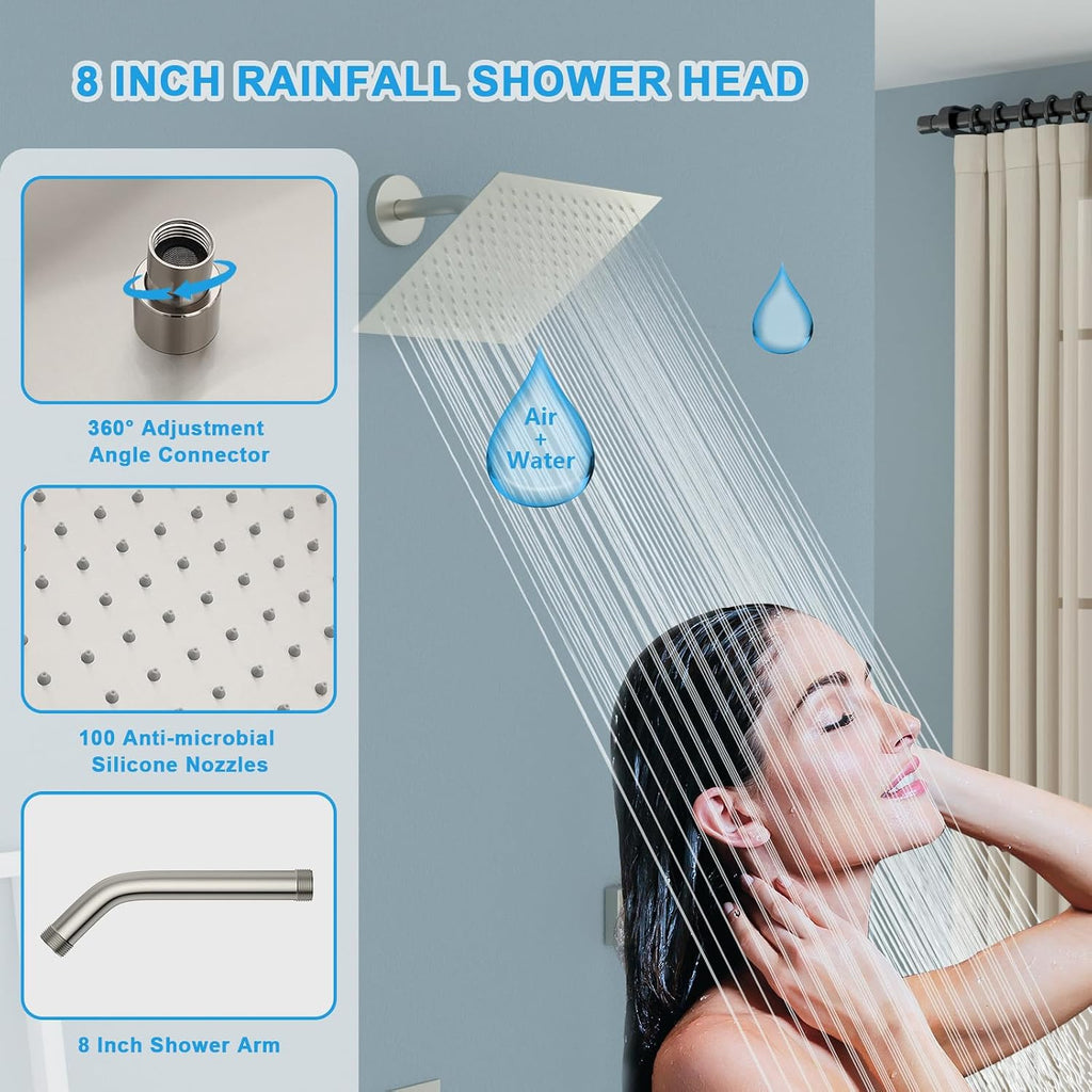 Lordear Rain Shower System 8 Inch Wall Mounted Shower Faucet Set Stainless Steel Shower Head Handle Set and Solid Brass Valve Brushed Nickel Finish