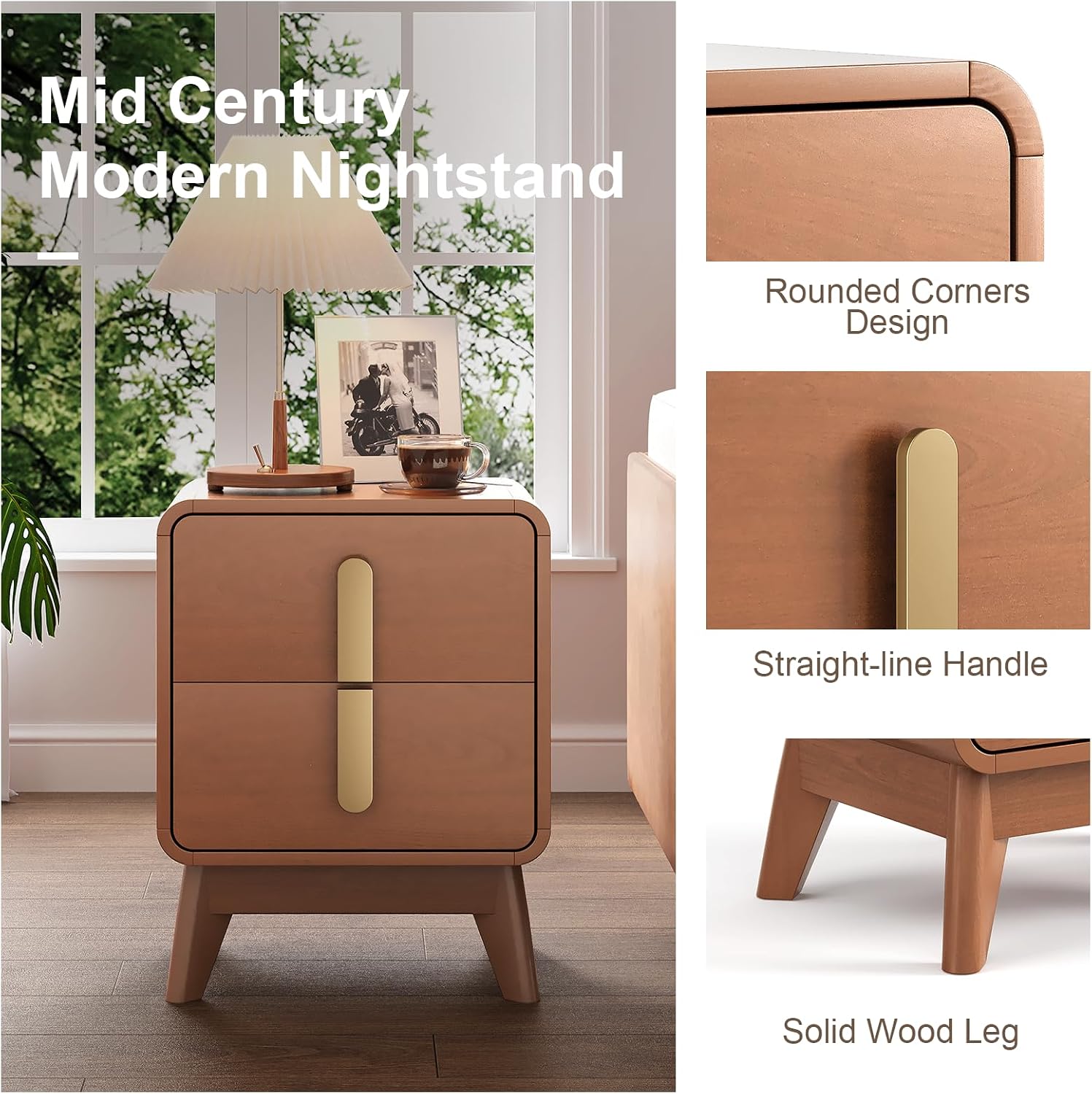 JOINICE Night Stand Set 2, Mid Century Modern Bedside Table with Drawers, Curved Profile Design End Table with Metal Handle, Nightstand Set of 2 with Storage, Bed Side Tables for Bedroom, Cherry