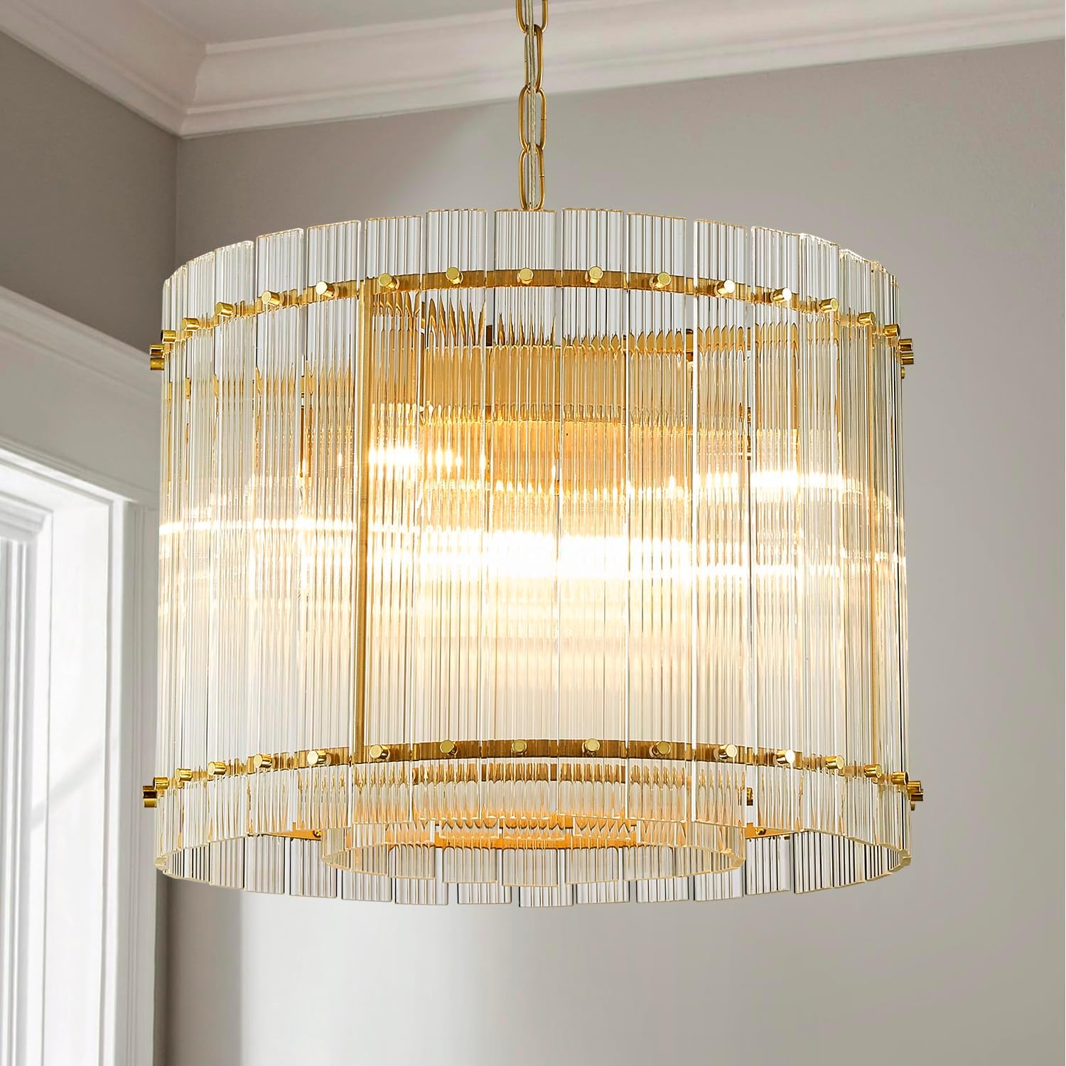 Saint Mossi 22045 Pendant Chandeliers, Mid-Modern Modern Design, Perfect for Living Space, 8 x E12 Sockets, D19'' x H14'', Adjustable Max Height 78', Glass Shade & Gold Finish Metal Frame
