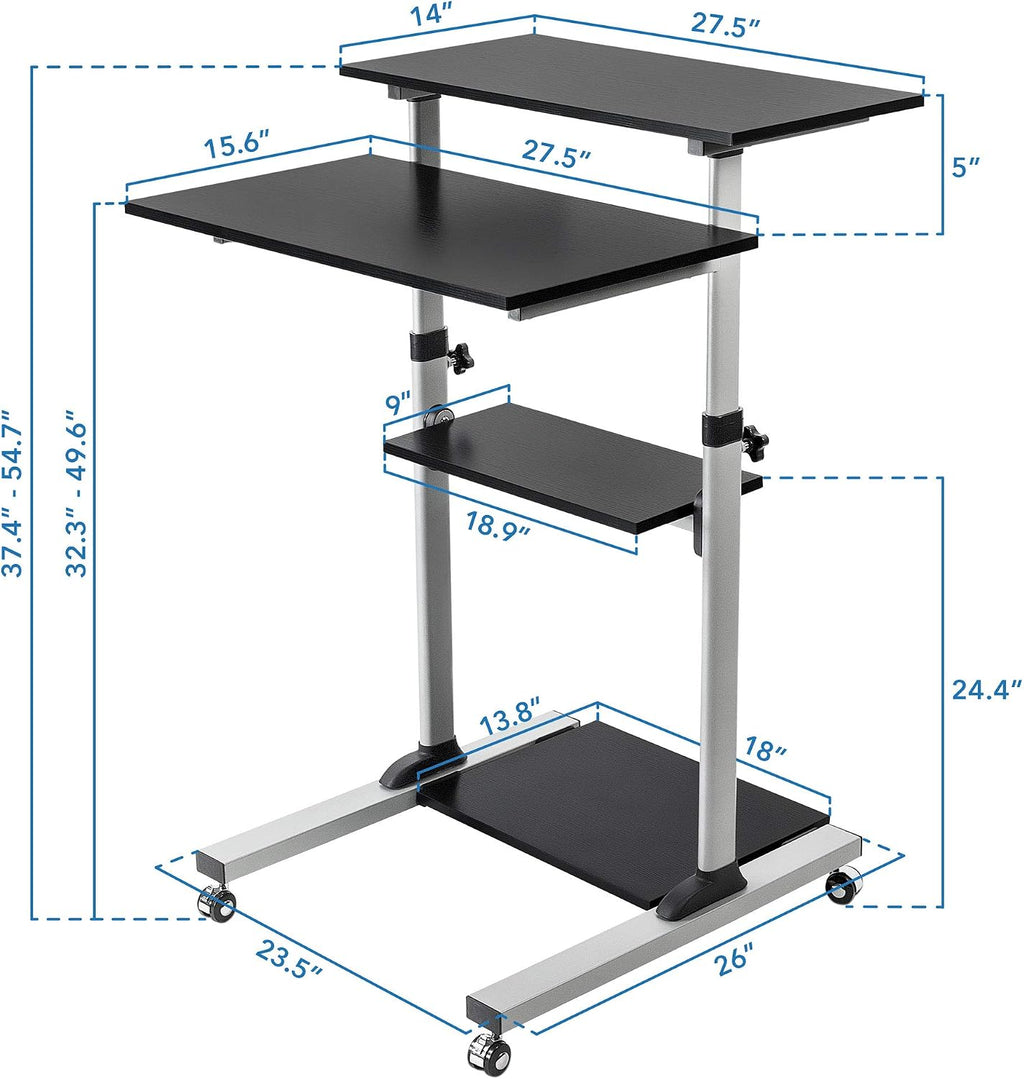 Mount-It! Rolling Standing Desk Adjustable Height up to 54.7', Portable Laptop Podium Desk on Wheels, Mobile Presentation Cart with Shelves, Adjustable Computer Workstation Home Office, Classroom