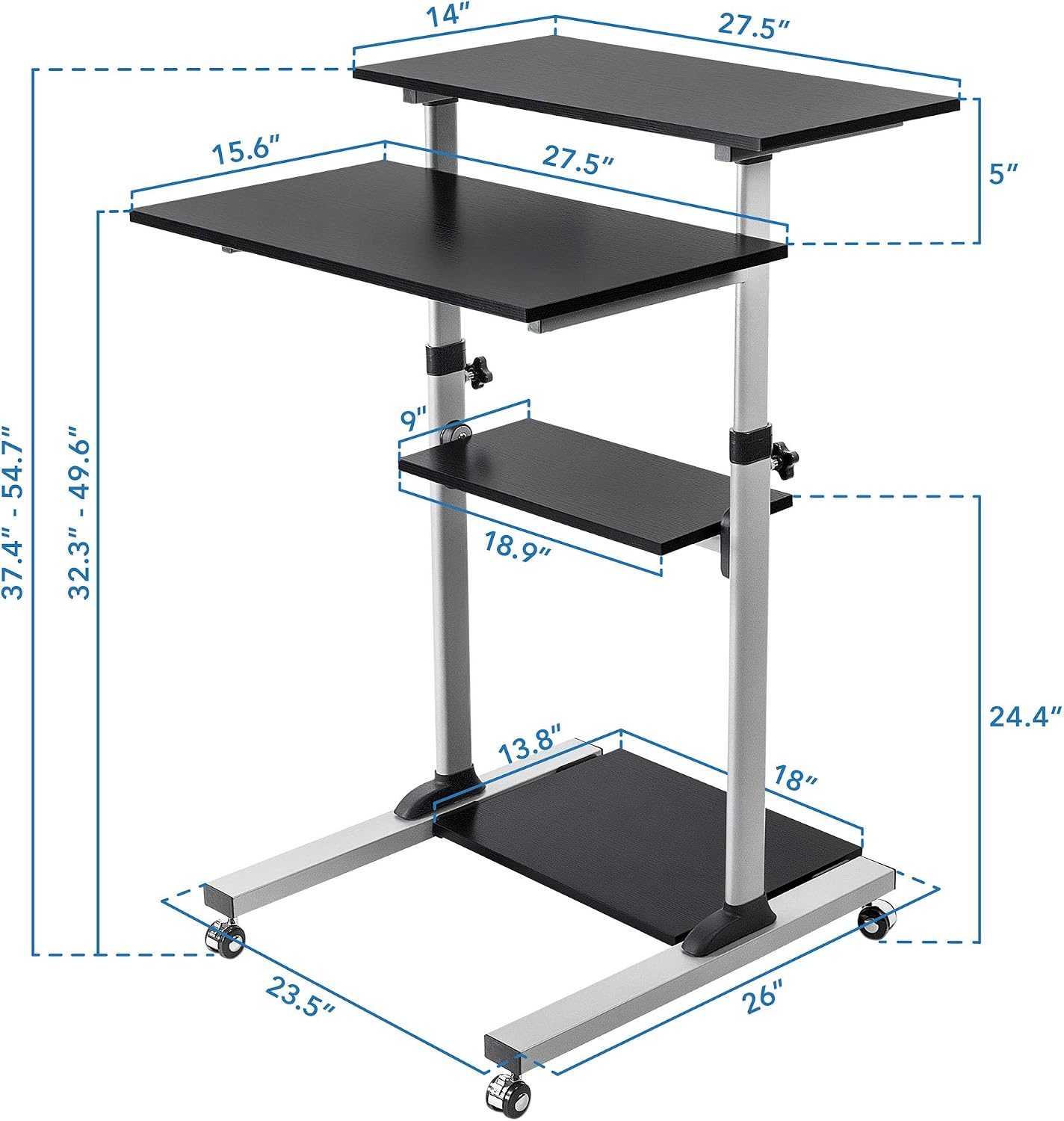 Mount-It! Rolling Standing Desk Adjustable Height up to 54.7', Portable Laptop Podium Desk on Wheels, Mobile Presentation Cart with Shelves, Adjustable Computer Workstation Home Office, Classroom