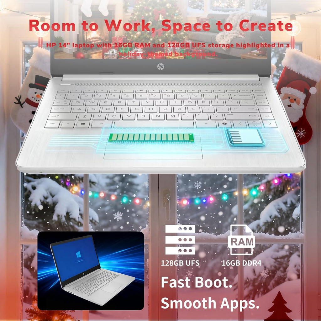 HP 14' Laptop 2025 Business Student Slim Computer, 1-Y Office 365, Copilot AI, Quad-Core Intel CPU, 16 GB RAM, 128GB UFS & 128GB SD Card, Wi-Fi 6, Windows 11 Pro, JQ2XzAccessory, Green