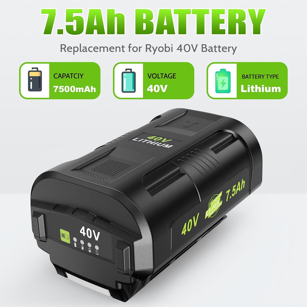 7.5Ah Replacement for Ryobi 40V Battery and Dual Charger Combo Compatible with Ryobi 40V Lithium Battery OP4040 OP4026 OP40601 OP4050A OP4030 OP4050 OP40201 OP40401 (2Battery+1Charger)