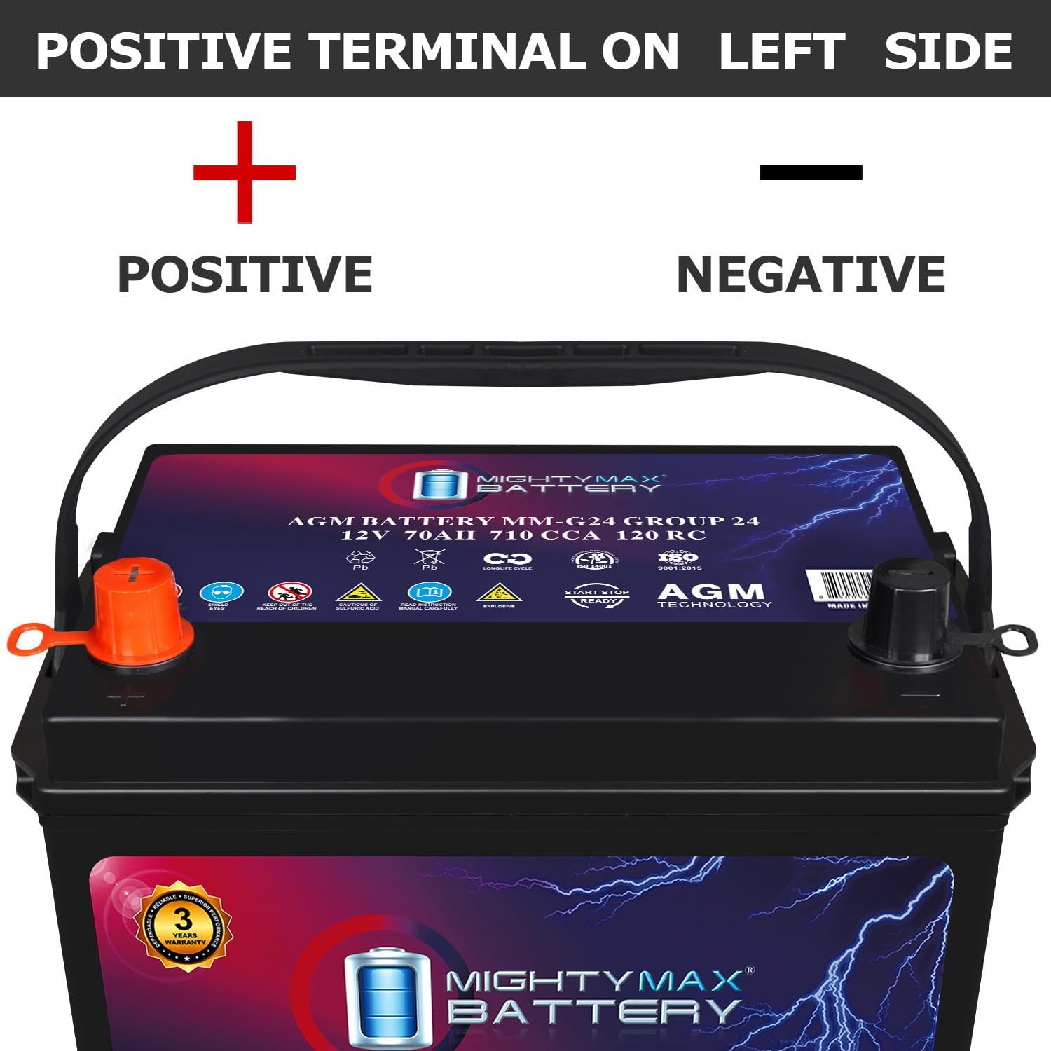 Mighty Max Battery MM-G24 Start and Stop Car BCI Group Size 24 12V 70Ah, 120RC, 710 CCA Rechargeable AGM Car battery