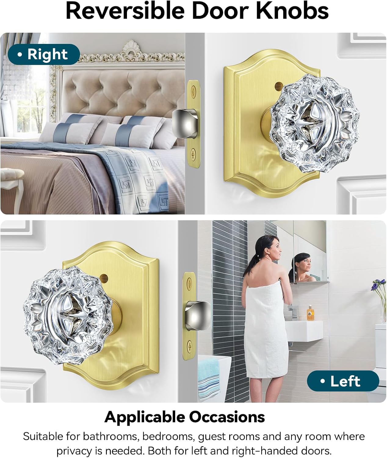 6 Pack Glass Door Knobs Interior with Lock, Gold Crystal Door Knobs Interior for Privacy Use, Glass Door Knobs for Bedroom Bathroom, Vintage Crystal Door Knob Set