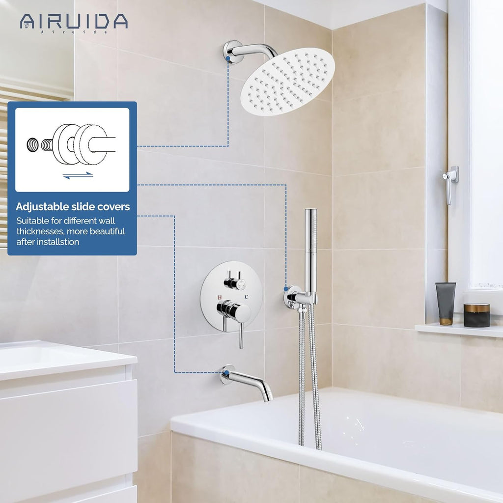 Airuida 3-Function Rain Shower System Set – Wall Mount Tub Shower Combo with Handheld Shower and Tub Spout,8 Inch Shower Head,Polished Chrome