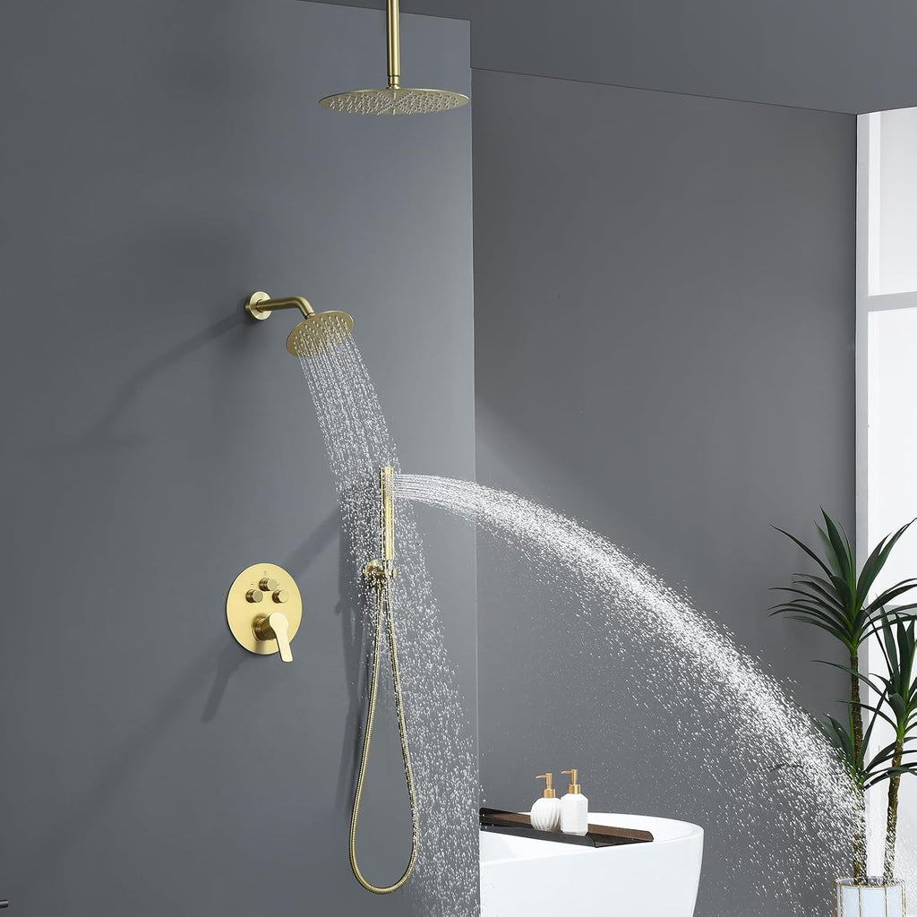 Brushed Gold Shower Faucet Set, Gold Shower System with Rain Shower and Handheld Bathroom Ceiling 12 Inch Shower Set with Brass Valve